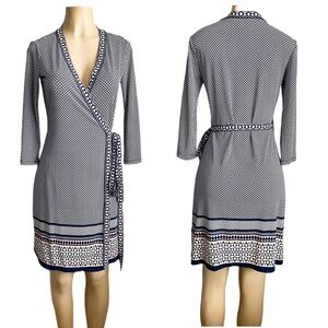 Max Studio Wrap Dress Mix Geometric Printed 3/4 Sleeves Navy Waist Tie Stretch